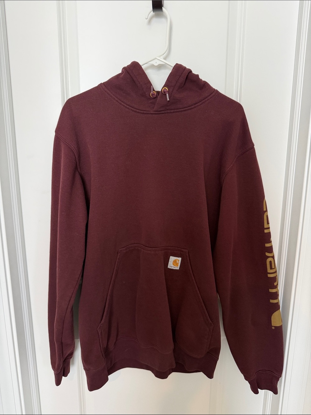 Carhartt Men's Burgundy Pullover Hoodie with Gold Sleeve Logo